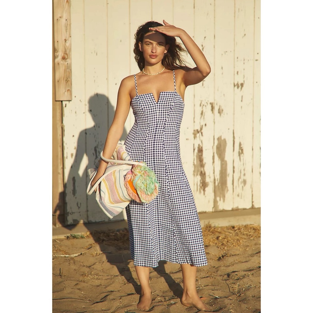 Anthropologie Blue and White Gingham Midi Dress